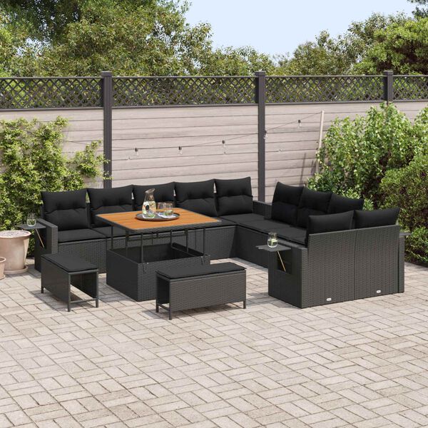vidaXL Conjunto de Sof&aacute; de Jardim com almofada 13 pcs Preto vime PE