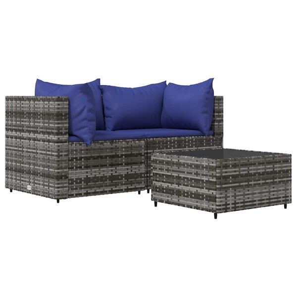 vidaXL 3 pcs conjunto lounge de jardim c/ almofadões vime PE cinzento
