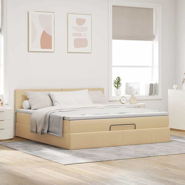 vidaXL Estrutura de cama otomana com colch&atilde;o tecido creme 160x200cm