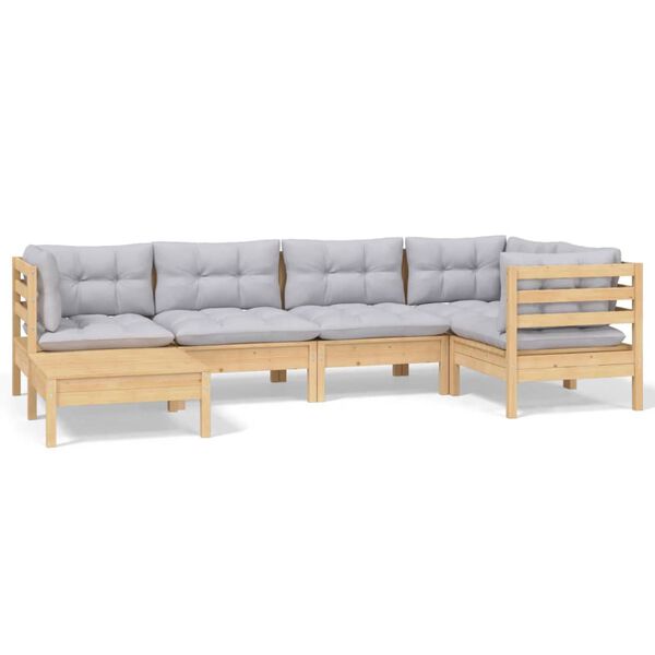 vidaXL 6 pcs conjunto lounge de jardim + almofadões cinza pinho maciço