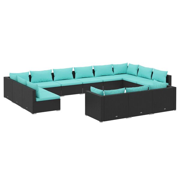 vidaXL 13 pcs conjunto lounge de jardim c/ almofad&otilde;es vime PE preto