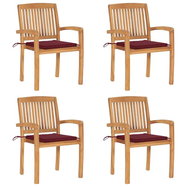 vidaXL Cadeiras de jardim empiháveis c/ almofadões 4 pcs teca maciça
