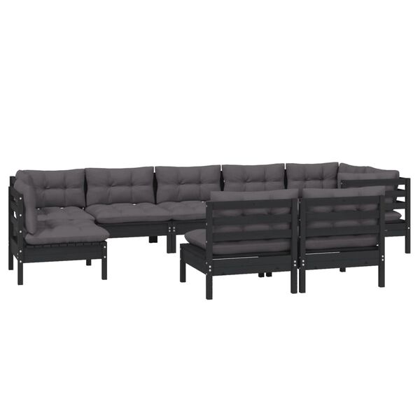 vidaXL 9 pcs conjunto lounge jardim c/ almofad&otilde;es pinho maci&ccedil;o preto