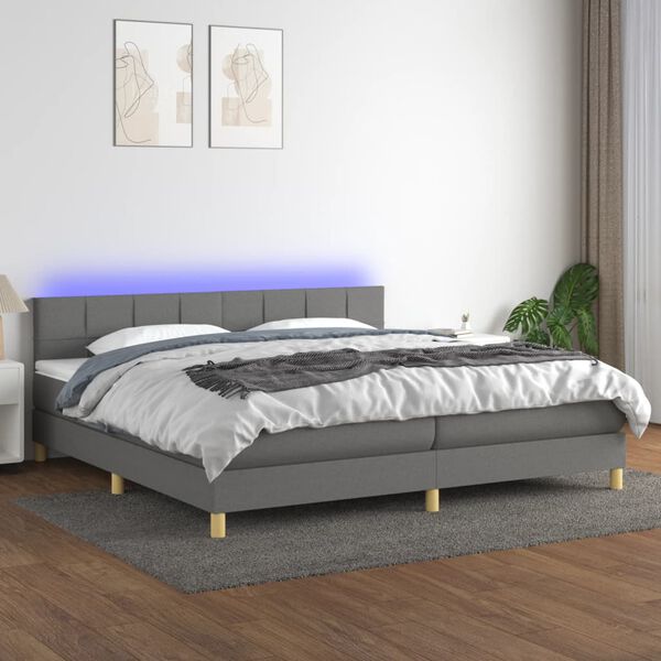vidaXL Cama box spring c/ colch&atilde;o e LED 200x200 cm tecido cinza-escuro