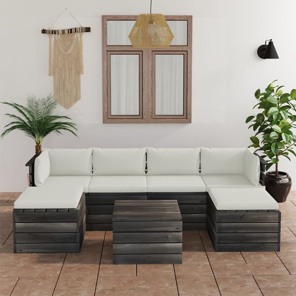 vidaXL 7 pcs conjunto lounge de paletes com almofad&otilde;es pinho maci&ccedil;o