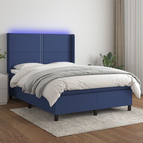 vidaXL Cama box spring c/ colch&atilde;o e LED 140x200 cm tecido azul
