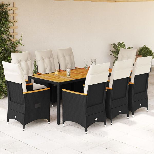 vidaXL 9 pcs conjunto de jantar p/ jardim c/ almofad&otilde;es vime PE preto
