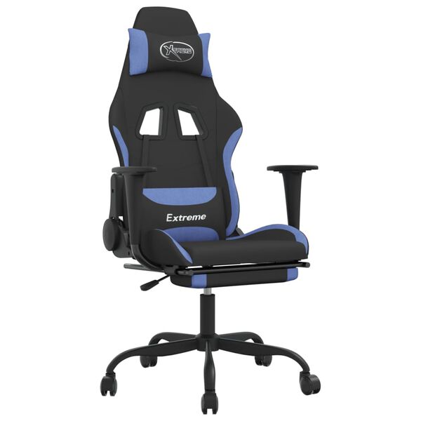 vidaxL Cadeira de gaming com apoio para os pés tecido preto e azul