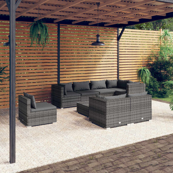 vidaXL 9 pcs conjunto lounge de jardim c/ almofad&otilde;es vime PE cinzento