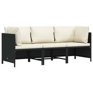 vidaXL Sof&aacute; de jardim 3 lugares com almofad&otilde;es vime PE preto