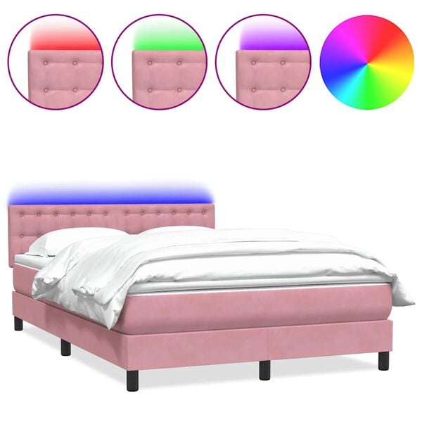 vidaXL Cama box spring c/ colch&atilde;o e LED 140x210 cm veludo Rosa
