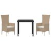 vidaXL Conjunto de Jantar para Jardim com almofada 3 pcs Bege vime PE