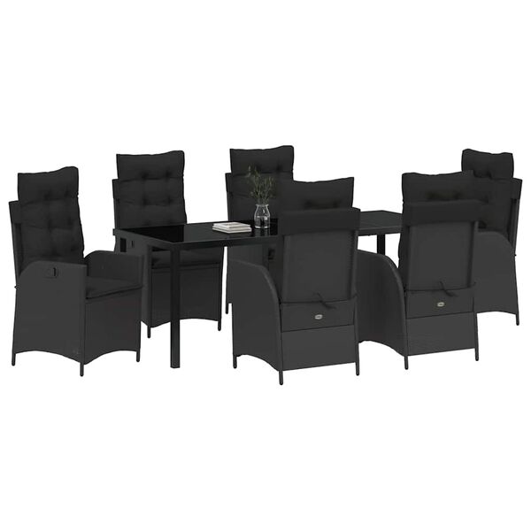 vidaXL Conjunto de Jantar para Jardim com almofada 7 pcs Preto vime PE
