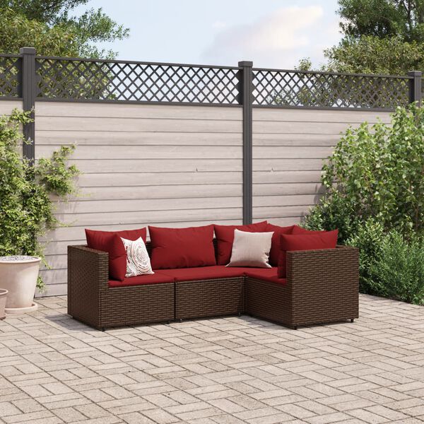 vidaXL 4 pcs conjunto lounge jardim c/ almofad&otilde;es vime PE castanho