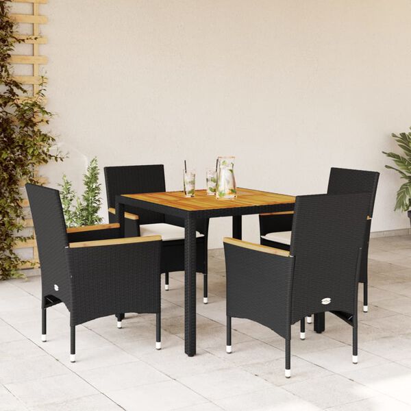 vidaXL 5 pcs conjunto jantar jardim c/ almofad&otilde;es vime PE/ac&aacute;cia preto