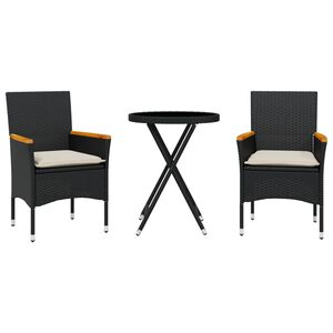 vidaXL 3 pcs conjunto de bistr&ocirc; com almofad&otilde;es vime PE/vidro preto