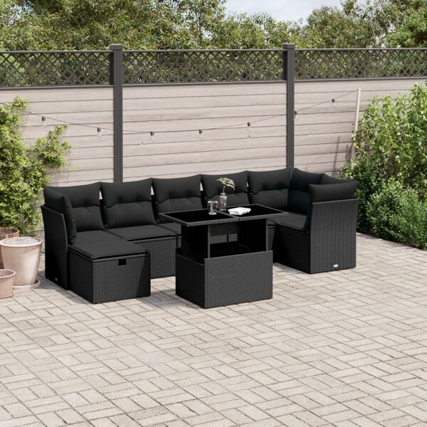 vidaXL 8 pcs conjunto sof&aacute;s de jardim com almofad&otilde;es vime PE preto