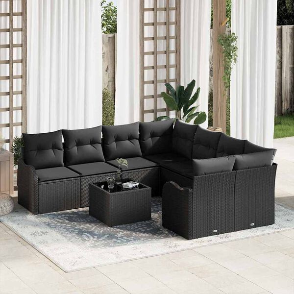 vidaXL Conjunto de Sof&aacute; de Jardim com almofada 9 pcs Preto