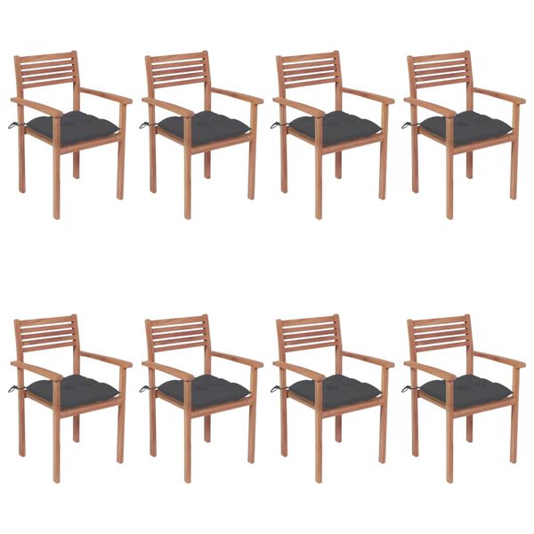 vidaXL Cadeiras de jardim empilh&aacute;veis c/ almofad&otilde;es 8 pcs teca maci&ccedil;a
