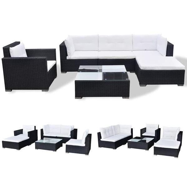 vidaXL 6 pcs conjunto lounge de jardim c/ almofadões vime PE preto