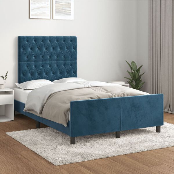 vidaXL Estrutura de cama com colch&atilde;o azul escuro 120x190 cm Veludo