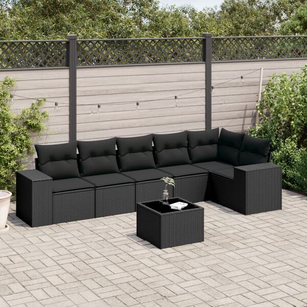 vidaXL 7 pcs conjunto de sof&aacute;s p/ jardim c/ almofad&otilde;es vime PE preto