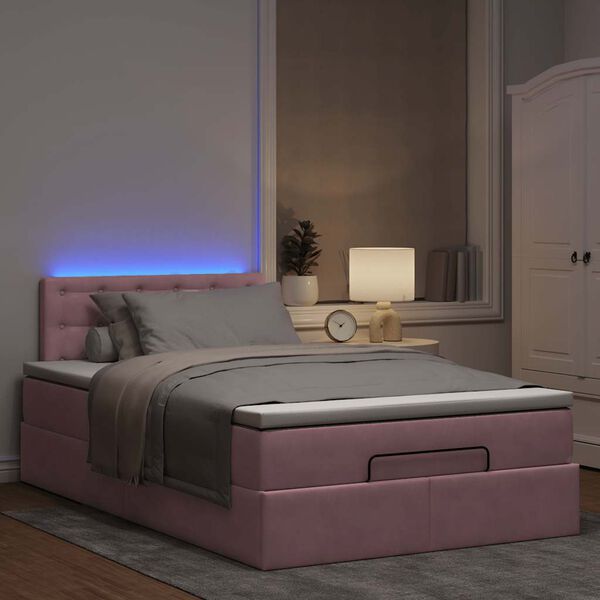 vidaXL Cama otomana com colch&atilde;o & LEDs 120x190cm veludo rosa