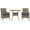 vidaXL 3 pcs conjunto jantar jardim c/ almofad&otilde;es vime PE/ac&aacute;cia cinza