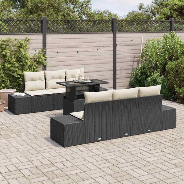 vidaXL Conjunto de Sof&aacute; de Jardim com almofada 7 pcs Preto e Creme