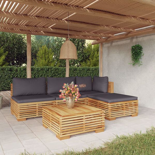 vidaXL 5 pcs conjunto lounge jardim c/ almofad&otilde;es madeira teca maci&ccedil;a