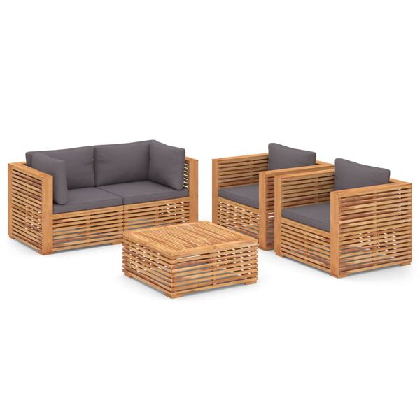 vidaXL 5 pcs conj. lounge jardim + almofad&otilde;es cinza-escuro teca maci&ccedil;a