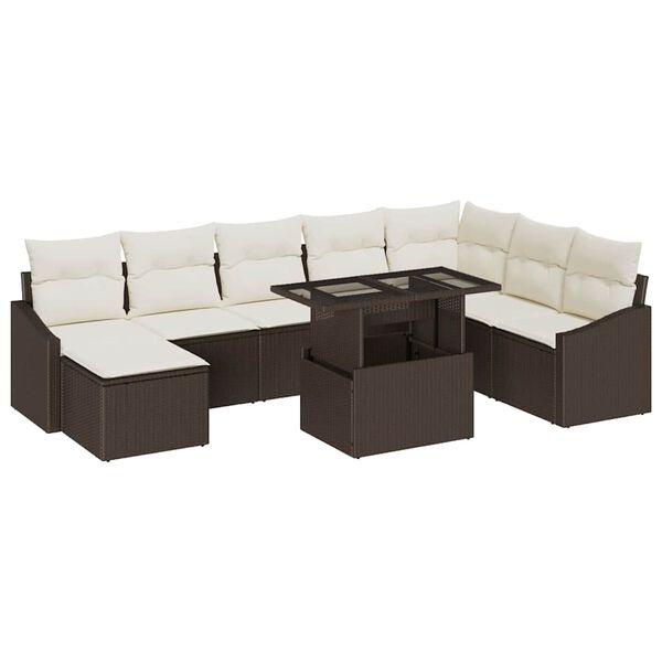vidaXL Conjunto de Sof&aacute;s com almofada 9 pcs Marrom e Creme vime PE