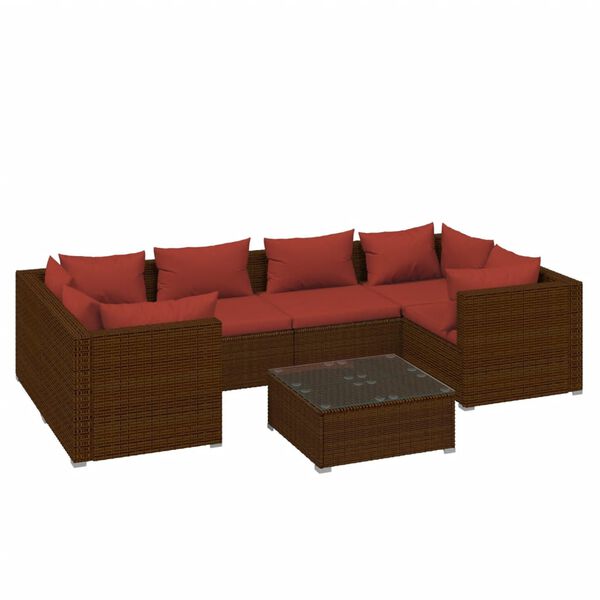 vidaXL 7 pcs conjunto lounge jardim c/ almofad&otilde;es vime PE castanho
