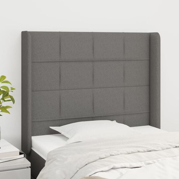 vidaXL Cabeceira cama c/ abas tecido 83x16x118/128 cm cinzento-escuro