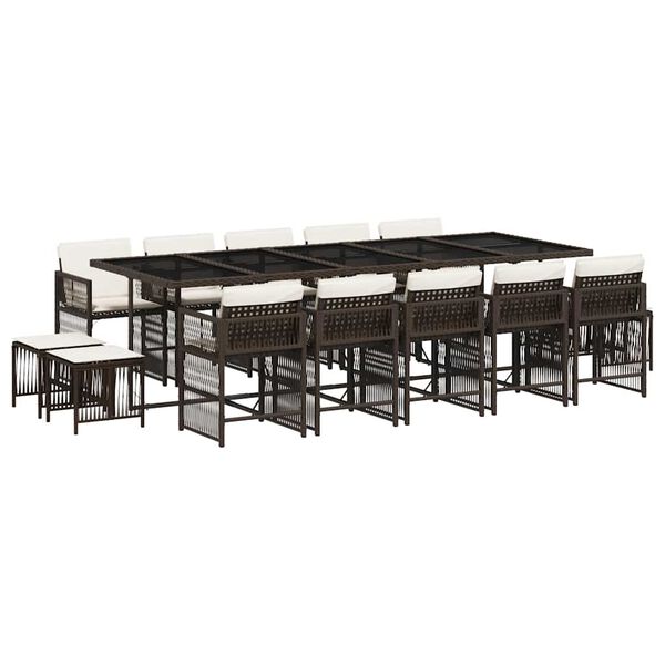 vidaXL 15 pcs conjunto jantar p/ jardim c/ almofad&otilde;es vime PE castanho