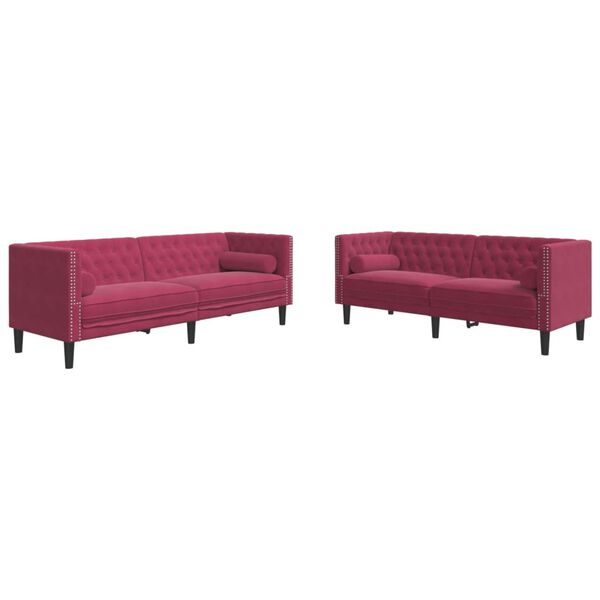 vidaXL 2 pcs conj. sofás chesterfield com rolos veludo vermelho-tinto