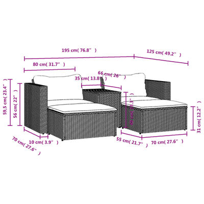 vidaXL 5 pcs conjunto sofás de jardim c/ almofadões acácia e vime PE