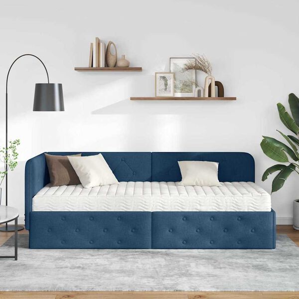vidaXL Estrutura de Cama de Canto com colch&atilde;o Azul 80 x 200 cm tecido