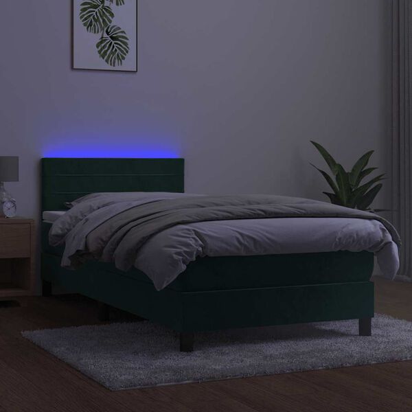 vidaXL Cama box spring c/ colch&atilde;o/LED 90x200 cm veludo verde-escuro