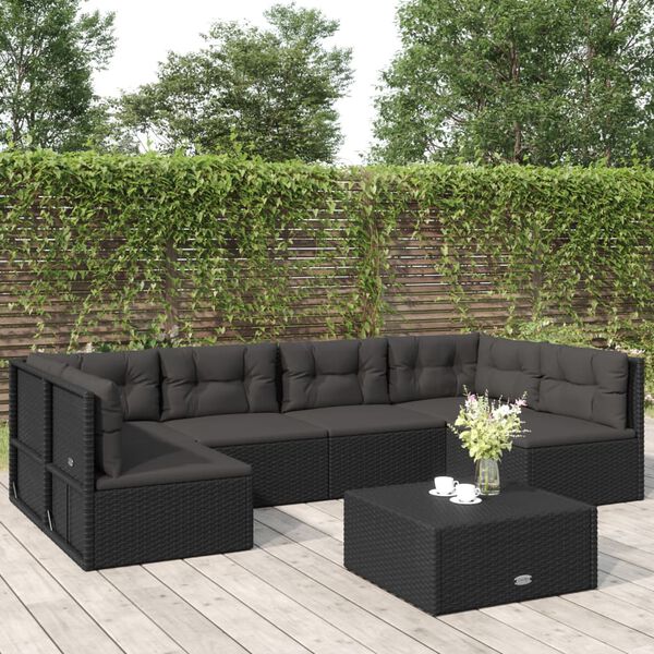 vidaXL 6 pcs conjunto lounge de jardim c/ almofad&otilde;es vime PE preto