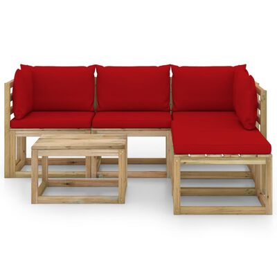 vidaXL 6 pcs conjunto lounge de jardim c/ almofadões vermelhos