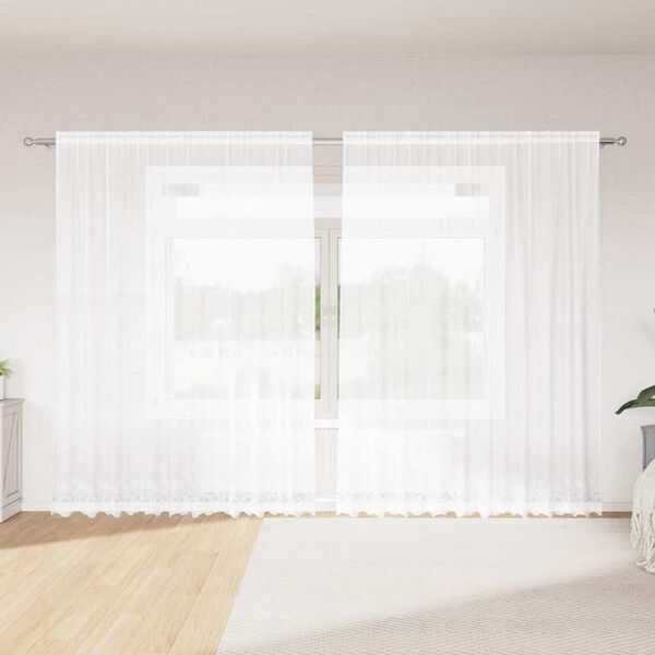 vidaXL Cortina de Renda com cortinas Floral Branco 245x300cm Poli&eacute;ster
