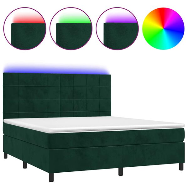vidaXL Cama box spring c/ colch&atilde;o/LED 180x200 cm veludo verde-escuro
