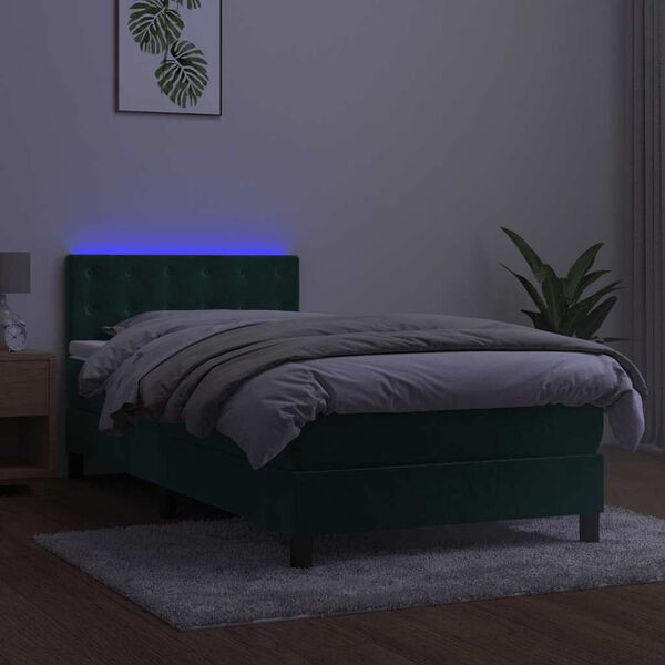 vidaXL Cama box spring c/ colch&atilde;o/LED 90x200 cm veludo verde-escuro