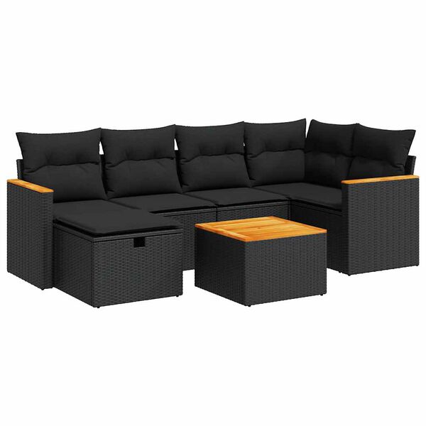 vidaXL 7 pcs conjunto de sof&aacute;s p/ jardim c/ almofad&otilde;es vime PE preto