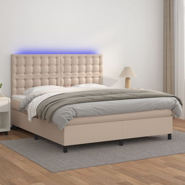 vidaXL Cama box spring c/colch&atilde;o/LED 160x200cm couro artif. cappuccino