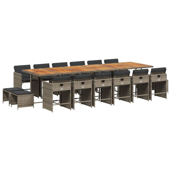 vidaXL 17 pcs conj. de jantar p/ jardim c/ almofad&otilde;es vime PE cinzento
