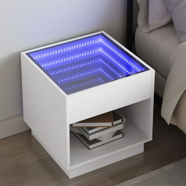 vidaXL Mesa de cabeceira com luzes LED Infinity 50x50x50 cm branco