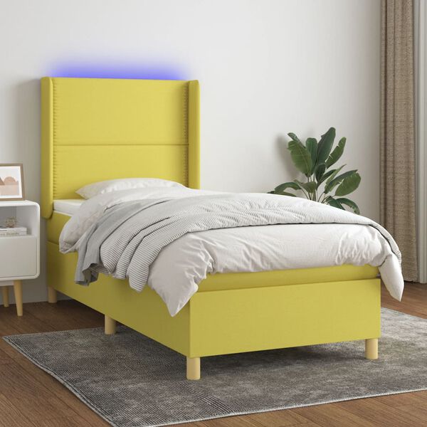vidaXL Cama box spring c/ colch&atilde;o e LED 90x200 cm tecido verde