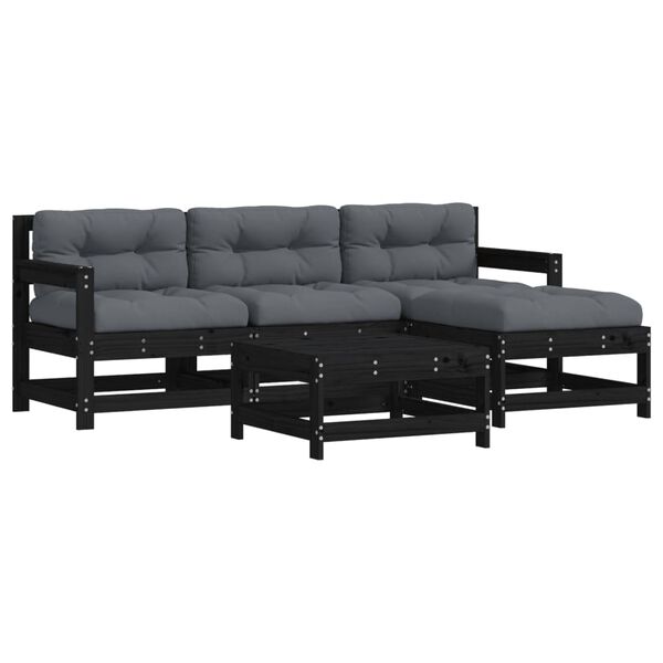 vidaXL 5pcs conjunto lounge jardim com almofad&otilde;es madeira maci&ccedil;a preto